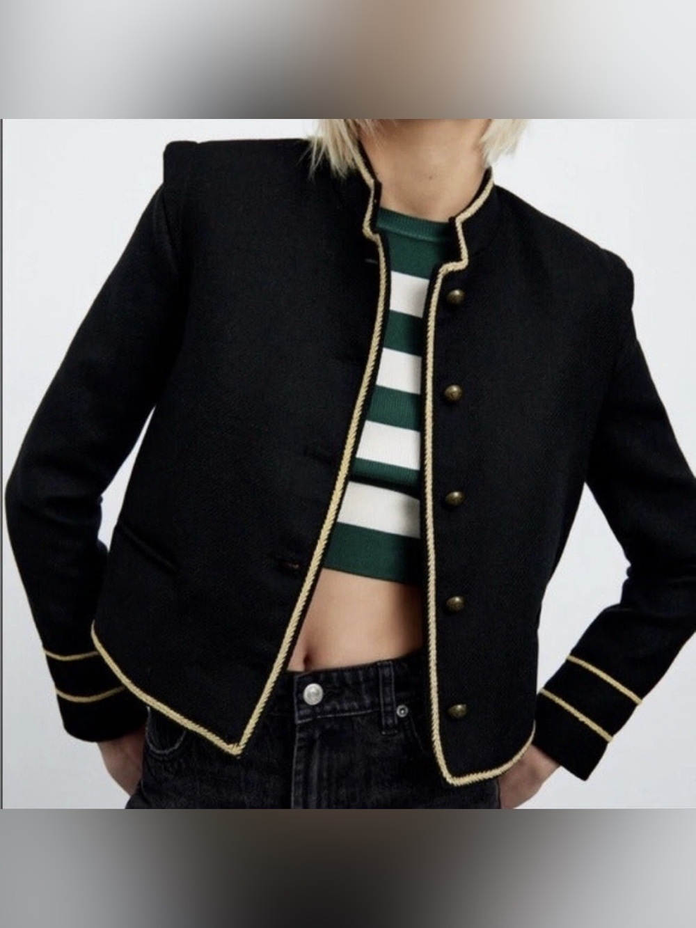 Zara Women’s Size Large Black Wool Blend Military Band Jacket Gold Trim